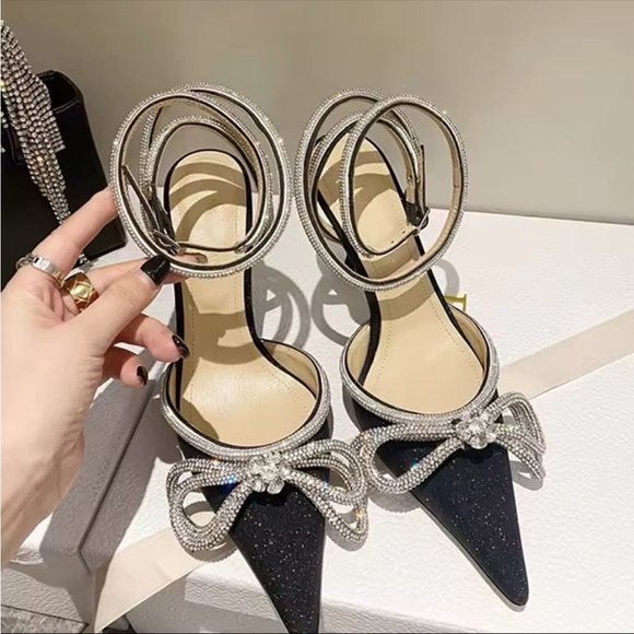 Silver Stiletto Heels with Bow Detail and Ankle Straps - Picture 1 of 5